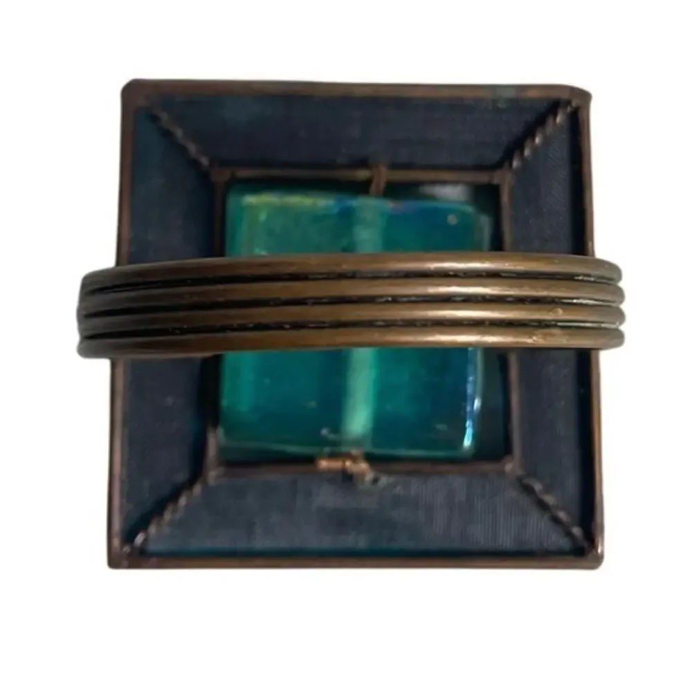 Pier 1 Set of 4 Turquoise Blue Dichroic Glass Copper Napkin Rings